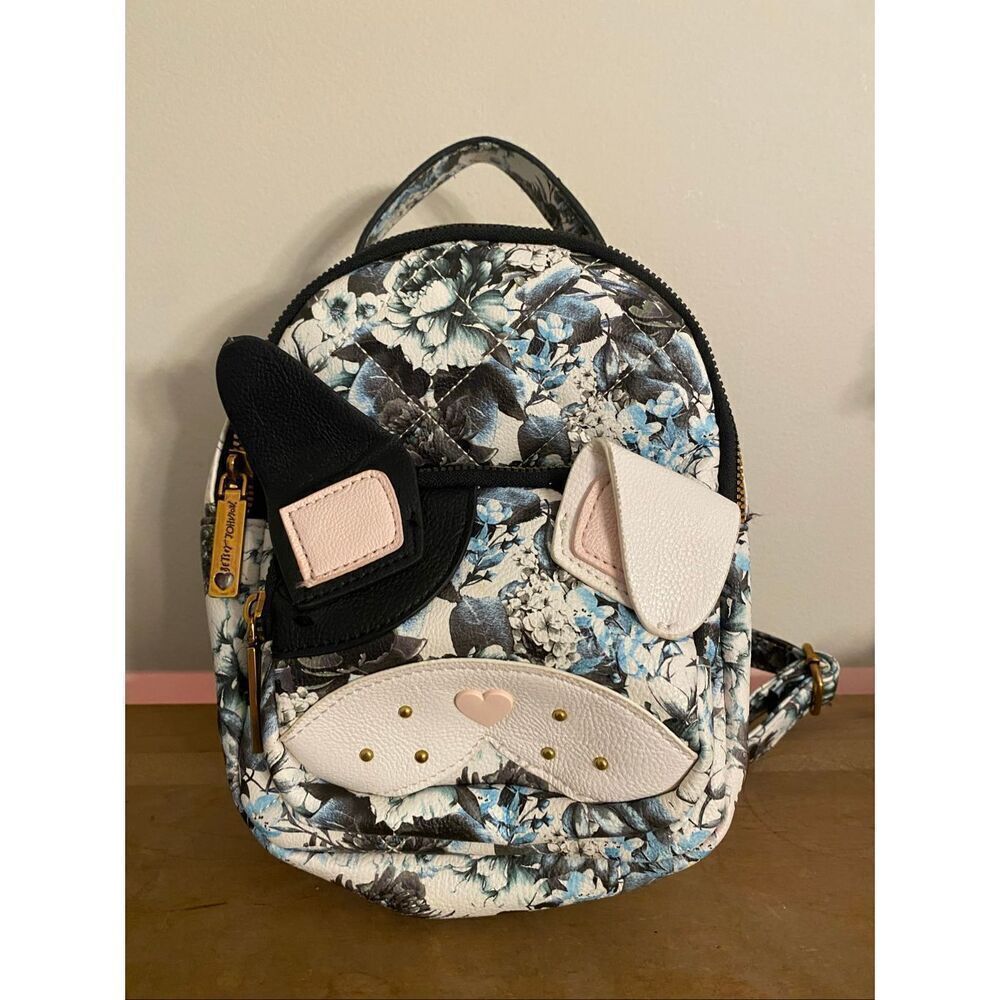 Betsey Johnson Small Backpack Dog floral black grey blue white bag